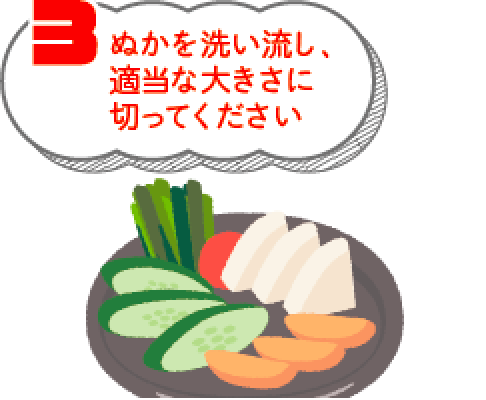 ぬかを洗い流し適当な大きさに切ってください。