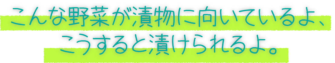 こんな野菜が漬物に向いているよ、こうすると漬けられるよ。